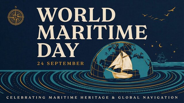 World maritime day poster with sailing ship and globe