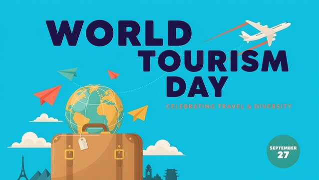 World tourism day pixel art with suitcase and globe