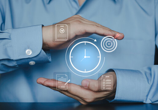 Business time management and auditing concept showing documents, checklist and clock icons between hands. Represents workflow, compliance, document review, productivity and organizational control.