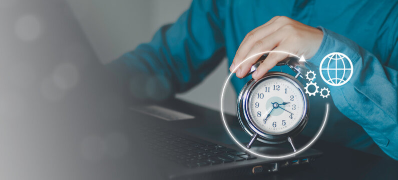 Productivity, strategic planning, process optimization, time management and achieving business goals through technology. Future business automation concept, target, clock and digital workflow.