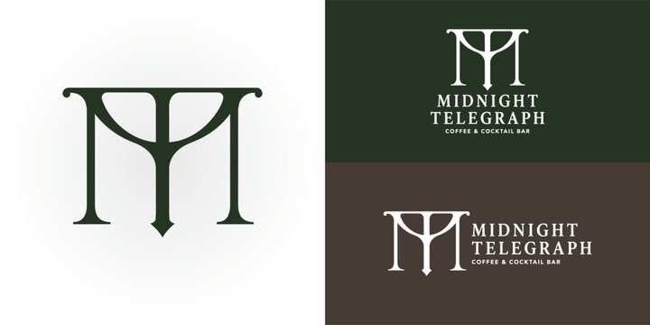 A minimalist monogram logo that seamlessly merges the letters M and T into an elegant serif emblem with a subtle cocktail glass silhouette. It would be ideal for a vintage bar.