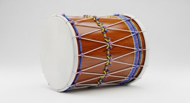Traditional Wooden Drum With White Drumheads Isolated On White Background