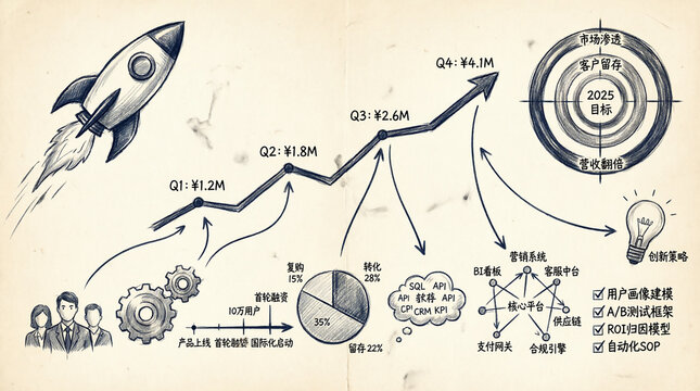 Startup growth strategy sketch with rocket revenue target and analytics.