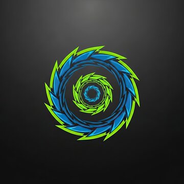 Circular saw gear mascot logo with green accents.