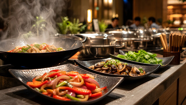 Steaming wok stir fry and hot dishes on an Asian hotel buffet station