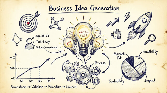 Business idea generation sketch with growth chart and strategic planning.