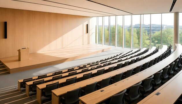 Minimalist architectural photograph of an empty modern university lecture hall auditorium with large windows and wooden desks