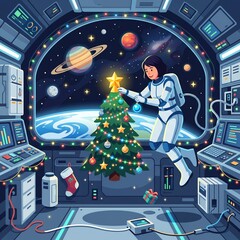 Fototapeta premium Astronaut decorating Christmas tree inside spaceship cockpit in outer space
