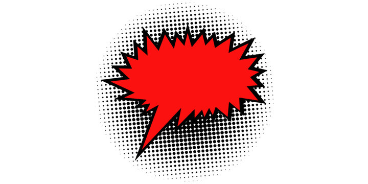 Red pop art comic speech bubble burst vector illustration, blank explosive starburst balloon with tail and halftone dots pattern isolated on white background for cartoon promo banner, and sale poster.