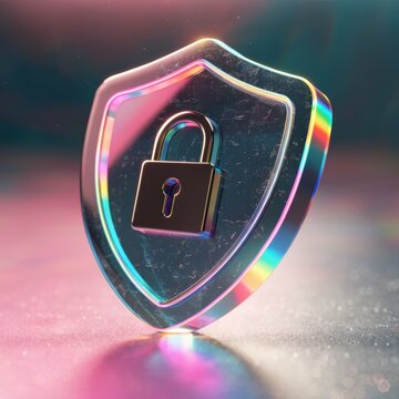Transparent shield with padlock symbol reflecting rainbow colors