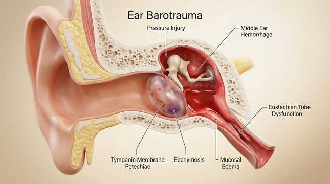 Ear Barotrauma with Middle Ear Injury from Pressure Changes Causing Pain of Human Ear Anatomy Tympanic Membrane Hemorrhage Eustachian Tube Dysfunction