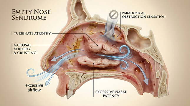 Empty Nose Syndrome with Excessive Nasal Airflow and Paradoxical Obstruction of Human Nasal Anatomy Turbinate Atrophy Mucosal Dryness Crust Formation