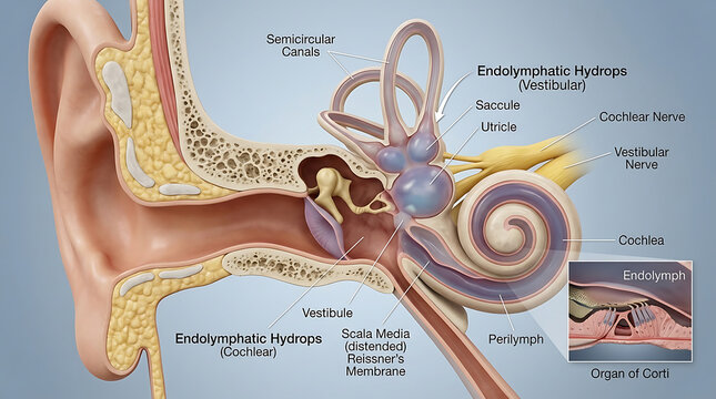 Meniere's Disease with Endolymphatic Hydrops Causing Episodic Vertigo and Hearing Loss of Human Ear Anatomy Reissner's Membrane Bulging Cochlear Dilation