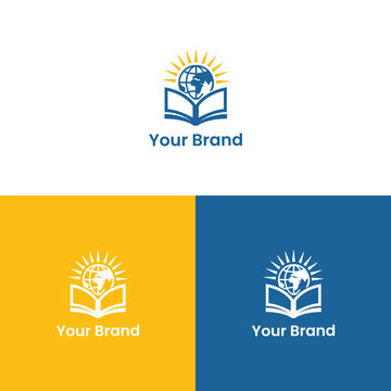 Global Education Logo Vector Design with Open Book Globe and Sunburst for School Academy and University Branding