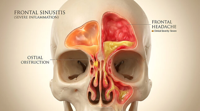 Frontal Sinusitis with Severe Frontal Sinus Inflammation Causing Frontal Headache of Human Sinus Anatomy Purulent Discharge Ostial Obstruction Opacification