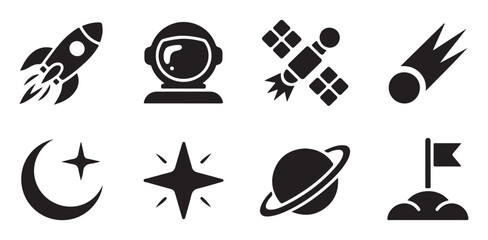 Space exploration icons set with flat black rocket satellite astronaut comet moon and planet for web design projects. © Mim