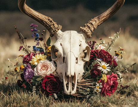 deer skull surrounded by flowers