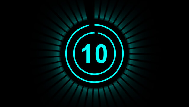 Cyan glowing countdown timer with radiating lines on black background clock number