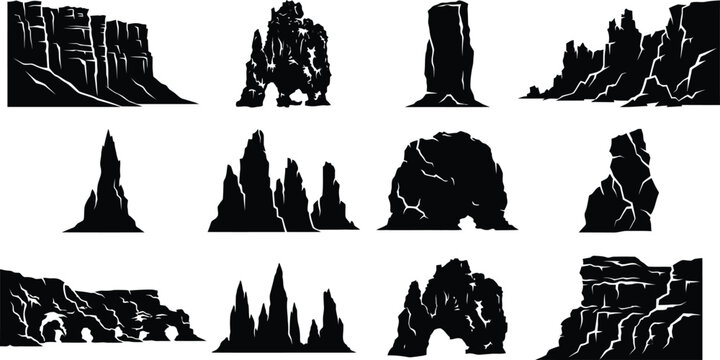 Collection of black vector silhouettes featuring rocky mountains desert cliffs arches and canyon landscape elements