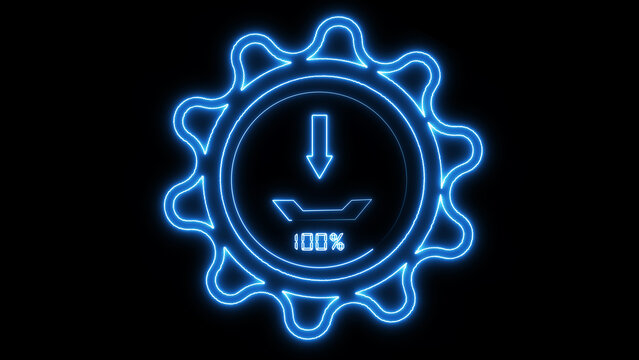 Blue Neon Download Icon with 100 Percent Complete photo image