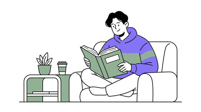 Illustration of a young man sitting on a comfortable armchair reading a book in a cozy living room with a coffee cup and potted plant on a side table, modern minimalist line art design.