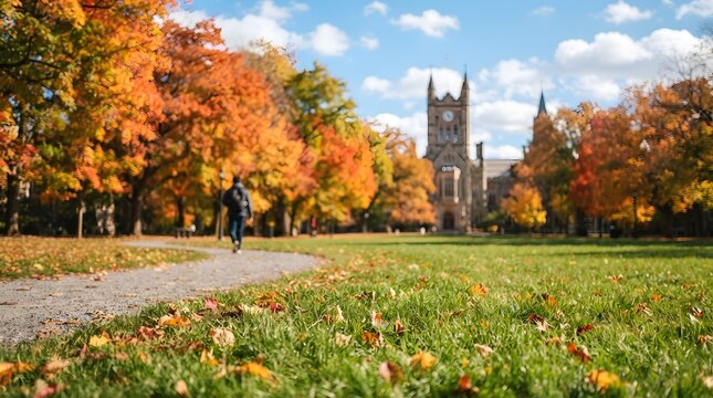 Beautiful autumn scene on a university campus with colorful foliage and a historic tower