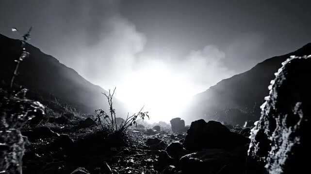 Dramatic black and white landscape of a rocky path leading towards a bright sky with mountains on either side