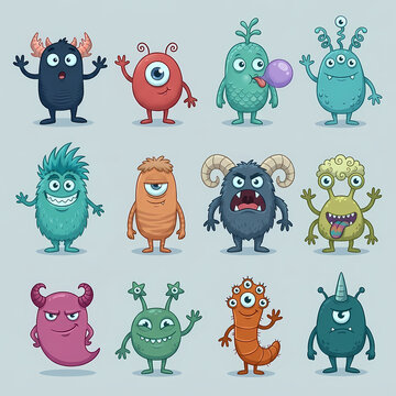 Set of cute cartoon monsters with different colorful shapes and funny faces for children storytelling or educational nursery wall art patterns and decorative elements for creative playful school