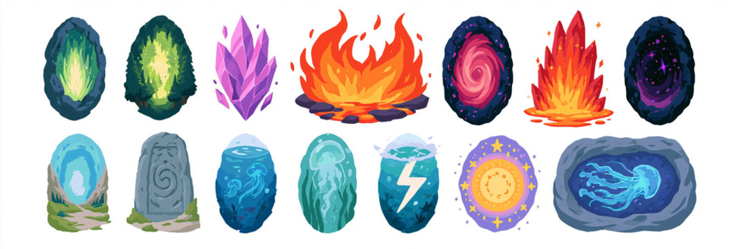 Colorful fantasy game assets depicting magical stones and elemental effects.