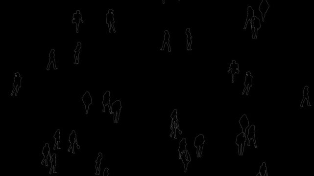 Abstract crowd of walking people line drawing animation on black background.