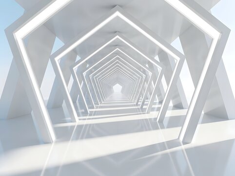 Abstract futuristic white pentagonal tunnel corridor with glowing light edges isolated on white background