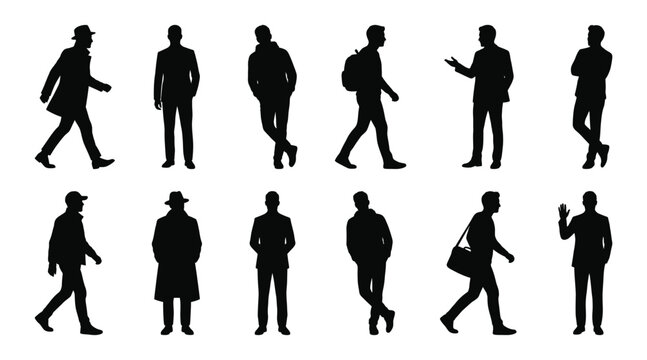 Set of business man silhouettes walking, standing, gesturing, and leaning in various poses, casual and formal male figures