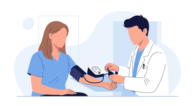 Doctor checks patient's blood pressure, medical check-up, clinic scene