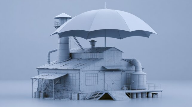 A small factory building is shown under an umbrella to illustrate the concept of business insurance. It uses a gray-blue palette for visual emphasis.