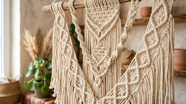 Intricate macrame wall hanging with knotted cotton cord displayed in a bohemian style interior