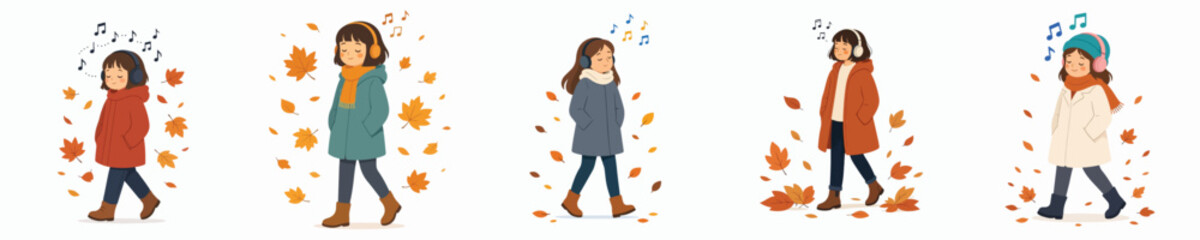 Fototapeta premium Flat vector illustration of a little girl taking a leisurely walk while listening to music on headphones during autumn