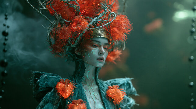 Fantasyfigur einer Frau mit feurigen Dornenranken in dunkler Umgebung, dramatische Rot- und Gr&uuml;nt&ouml;ne, digitale Kunst f&uuml;r Buchcover und Gamingdesign.