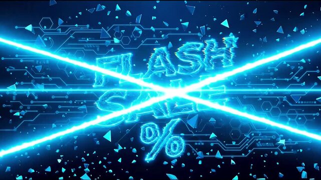 Futuristic Cyberpunk Neon Blue Flash Sale Motion Graphic Animation with Glowing Circuit Board and Geometric Particles Background