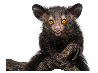 Obraz premium Portrait of an aye-aye lemur perched on a wooden branch with exotic animal large eyes forest animal wild animal cute animal nature photography rare species animal kingdom big as clean cutout