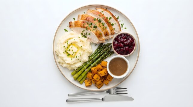 Thanksgiving dinner plate with sliced turkey, mashed potatoes, asparagus, roasted squash, cranberry sauce, and gravy isolated on white background