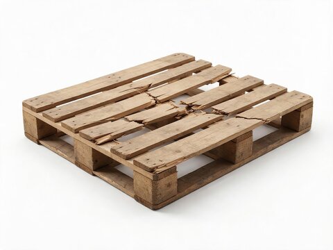 Broken wooden shipping pallet with splintered slats, isolated and centered product on pure white background.
