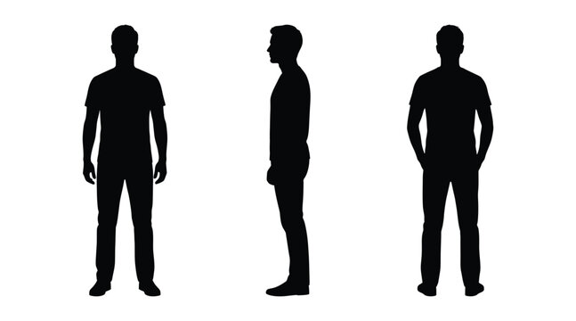 Set of black silhouettes of a young man in casual clothes
