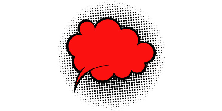 Red pop art comic speech bubble burst vector illustration, blank explosive starburst balloon with tail and halftone dots pattern isolated on white background for cartoon promo banner, and sale poster.