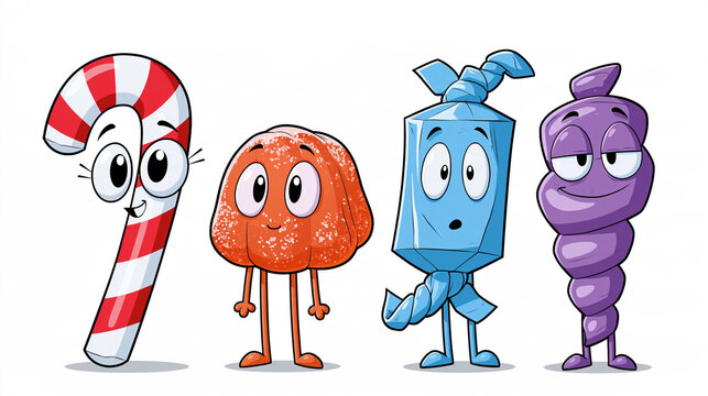 Cartoongruppe aus Zuckerstange und drei S&uuml;&szlig;igkeitenfiguren mit Gesichtern vor wei&szlig;em Hintergrund, bunte Illustration f&uuml;r S&uuml;&szlig;waren und Verpackungsdesign.