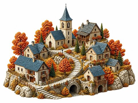 Picturesque mountain hamlet with cottages and church tower ideal autumn destination