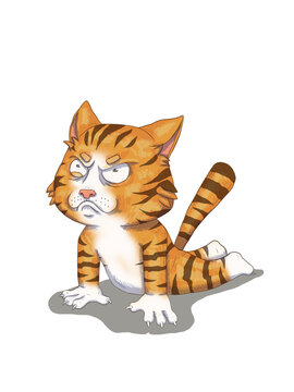 Cute grumpy orange tabby cat sitting with angry and annoyed expression, cartoon illustration
