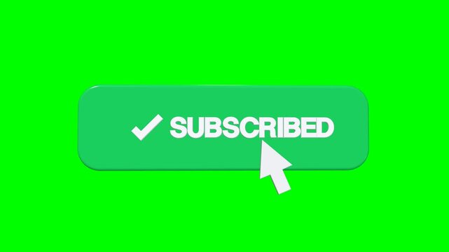High-end 3D glossy red subscribe button being clicked by a perfectly straight geometric 3D cursor, transforming into a green subscribed state with a checkmark. Features precision text alignment and pr