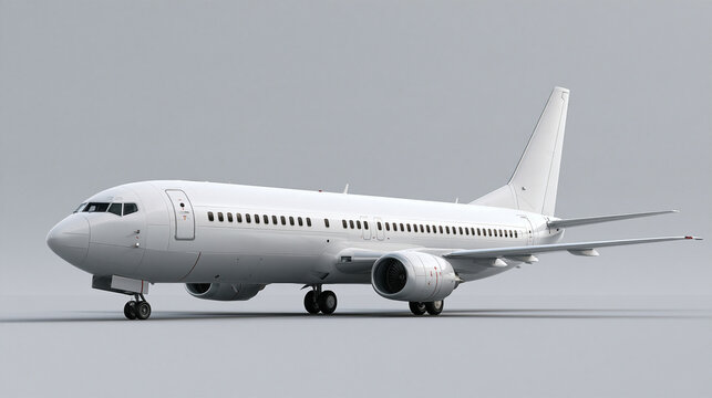Wei&szlig;es Passagierflugzeug seitlich auf grauem Studiohintergrund, realistischer Stil, f&uuml;r Luftfahrtwerbung und Produktkatalog geeignet.