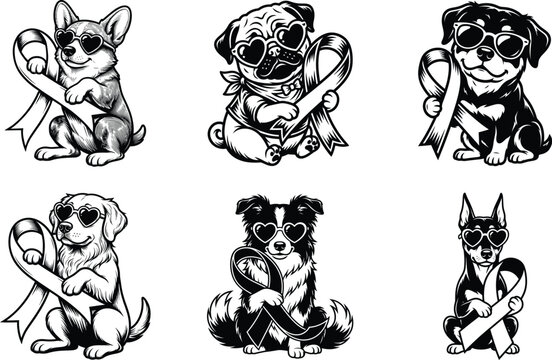 Cute dogs wearing heart sunglasses holding breast cancer awareness ribbons vector illustration