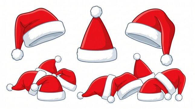 Santa hats collection, front-view collection isolated on white; clean festive clip-art illustration; 5504x3072 above-4K AI illustration.